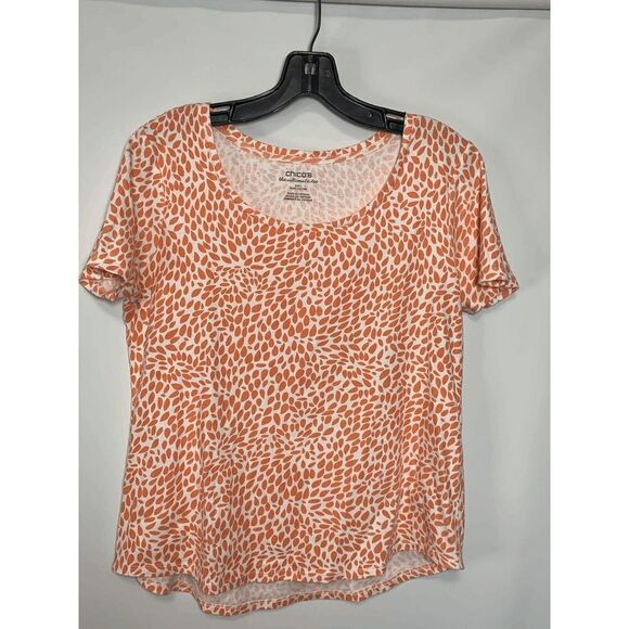 Chico's  Womens Leaf Print Short Sleeve Ultimate Tee T-Shirt White Orange - Picture 1 of 6